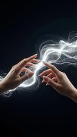 Human hands creating magical white energy waves with flowing light particles on dark background for digital art and fantasy concepts.