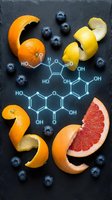 Fresh citrus fruits and blueberries arranged around vitamin C molecular structure on dark slate background for nutrition education and healthy lifestyle.