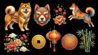 Shiba Inu dog, cat mask, and decorative Asian elements isolated on transparent background. Ready for t-shirt design, clipart, stickers, sublimation, and print-on-demand products.