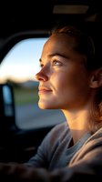 Young woman with freckles gazing thoughtfully through car window during golden hour sunset, warm sunlight illuminating her face in profile, expressing serenity and wanderlust.