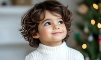 Adorable young child with curly brown hair wearing white sweater looking up with wonder during Christmas season with festive tree lights in background.