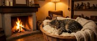 Cozy tabby cat sleeping peacefully in wicker basket by warm fireplace in rustic living room with soft lighting and comfortable home atmosphere.