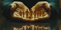 Silhouettes of united family group held in caring hands with warm golden light, reflecting city skyline beneath, symbolizing community protection and support.