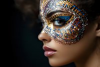 Young woman wearing ornate Venetian carnival mask with intricate blue and gold details, rhinestones and decorative patterns against dark background.