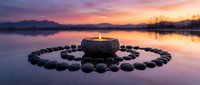 Zen stone circle with burning candle creates peaceful meditation scene at sunset lake with purple sky reflection for mindfulness and spiritual wellness practices.