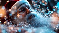Bearded mature man underwater with bubbles and bokeh lights creating dreamy atmosphere in blue and orange tones, close-up portrait showing contemplation.