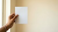 Hand holding blank white paper sheet against beige wall with natural light, suitable for mockups, presentations, and advertising campaigns.