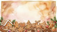 Gingerbread cookies and decorated houses arranged on watercolor background with festive holiday decorations and evergreen branches for seasonal baking and Christmas celebration designs.