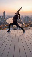 Young woman practicing yoga warrior pose on wooden deck at sunset with city skyline and river view in background for wellness and fitness lifestyle.