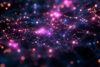 Abstract network of glowing pink and blue light particles with connecting lines against dark background, creating futuristic technology visualization.
