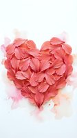 Pink coral flower petals arranged in heart shape on white background with watercolor splashes for romantic wedding Valentine's Day greeting cards.