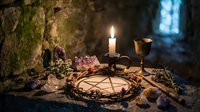 Mystical altar setup with burning candle, pentagram circle, crystals and ritual tools in atmospheric candlelight for spiritual ceremonies and occult practices.