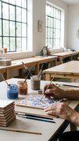 Artist painting ceramic tiles with brushes and paints in bright studio workshop. Hands creating decorative patterns on pottery in creative workspace.