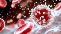 Red virus particle surrounded by blood cells in microscopic view, scientific medical visualization showing pathogen structure and cellular environment.