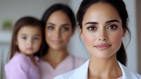 Young female medical professional in white coat with confident smile, with Hispanic mother and daughter in background, representing healthcare and family care.