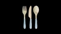 Cutlery set with fork, knife, and spoon featuring cream-colored metal heads and soft blue handles, isolated on transparent background. Ready for clipart, print-on-demand, sublimation, t-shirt design, and sticker applications.