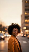 Young African American woman with curly hair wearing glasses and mustard blazer smiling at camera in urban downtown setting at golden hour with blurred city lights and buildings.