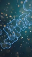 Microscopic chain of blue glowing bacteria cells with golden particles floating in dark teal background, suitable for medical, scientific, and healthcare educational materials.