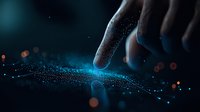 Mysterious finger touching glowing particles creating magical light trail effect against dark background with blue and orange bokeh lights for fantasy concepts.