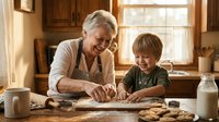 Grandmother and grandson baking cookies together in rustic kitchen, rolling dough on wooden counter. Family bonding, homemade treats, traditional cooking.