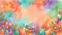 Watercolor celebration background with colorful gift boxes, balloons, and foliage elements in vibrant orange, pink, purple, and turquoise tones. Suitable for party invitations and festive designs.