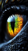 Macro shot of mystical dragon eye with vibrant yellow and green iris, dark vertical pupil, and detailed textured scales surrounding dramatic close-up view.