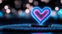 Glowing neon heart shape floating above platform with sparkly blue light effect and blurred bokeh background creates magical romantic atmosphere.