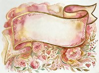 Watercolor floral frame with pink roses, ribbons, and hearts on white background. Isolated design element suitable for invitations, greeting cards, and decorative projects.