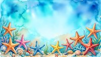 Watercolor ocean background with colorful starfish, seashells, and coral on sandy shore, soft blue tones, copy space for text.