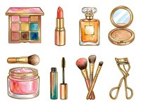 Luxury cosmetics collection featuring eyeshadow palette, lipstick, fragrance bottle, compact mirror, makeup brushes, cream jar, mascara, and eyelash curler in gold tones for beauty and fashion design projects.