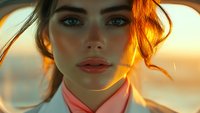 Young woman with intense blue eyes and coral lips in warm sunset light, wind-swept hair glowing orange, wearing pink collar, close-up portrait with dreamy atmosphere.