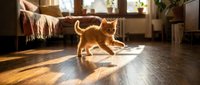 Ginger cat walking across wooden floor in sunlit living room with couch and blanket in background, domestic pet in home interior.