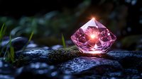 Pink crystal gem on dark wet stone with magical glowing light effect and green nature background, mystical mineral photography for spiritual wellness.