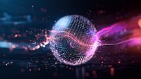 Glowing disco ball with pink and blue neon light trails and particles creating dynamic motion effect against dark background, modern party atmosphere.