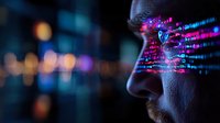 Digital code reflection in eyeglasses with neon pink and blue light effects against dark background, showing modern technology and programming concept.