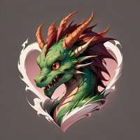 Fierce green dragon head with red spiky horns and orange eyes emerging from heart-shaped smoke background, fantasy art style on isolated background.