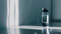 Clear plastic water bottle with black cap on reflective surface casting dramatic shadows in minimalist setting with teal toned background and natural light.