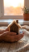 Hands holding wooden house model with floating insurance icons including security shield, database, and policy document against warm window light.