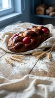 Traditional braided Easter bread with red eggs on rustic wooden table with wheat stalks and flour, homemade holiday baking in cozy kitchen setting.