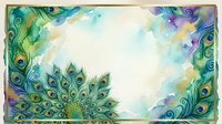 Watercolor peacock feathers frame with teal, green and purple tones on light background, copy space for text or design projects.