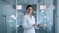 Professional female doctor in white coat holding tablet with digital holographic interface displaying medical data and connectivity networks in modern hospital.