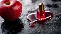 Red nail polish bottle on dark stone surface with spilled polish forming heart shape next to fresh red apple, creating romantic beauty composition.
