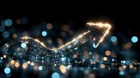 Glowing arrow made of golden sparkling particles pointing upward against dark background with bokeh lights representing growth and success.