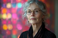 Senior Caucasian woman with silver curly hair and glasses gazes thoughtfully against vibrant bokeh background of pink and blue lights, wearing black clothing.
