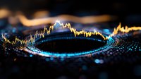 Glowing financial chart with circular pattern in blue and gold colors showing market data visualization on dark background with bokeh effect.