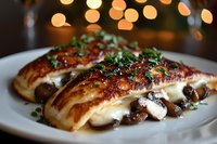 Grilled chicken breast stuffed with melted cheese and mushrooms, garnished with fresh herbs on white plate against blurred bokeh lights background.
