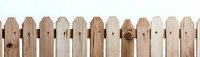 Rustic wooden fence planks in light natural tones creating repetitive pattern against white background, isolated design element for landscaping and home projects.