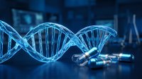 Glowing blue DNA double helix strand with pharmaceutical capsules on dark laboratory background, representing genetic medicine and biotechnology research.