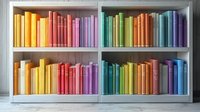 Colorful books arranged by rainbow spectrum colors on white wooden shelves, creating an aesthetic gradient display for modern interior design and home library decor.