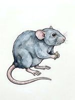 Isolated gray rat with pink ears and tail on white background, ready for design use on apparel, stickers, and educational materials.